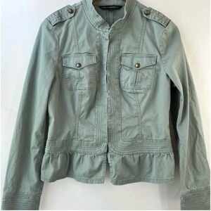 White House Black Market Green Utility Jacket with Stand-Up Collar ruffle waist